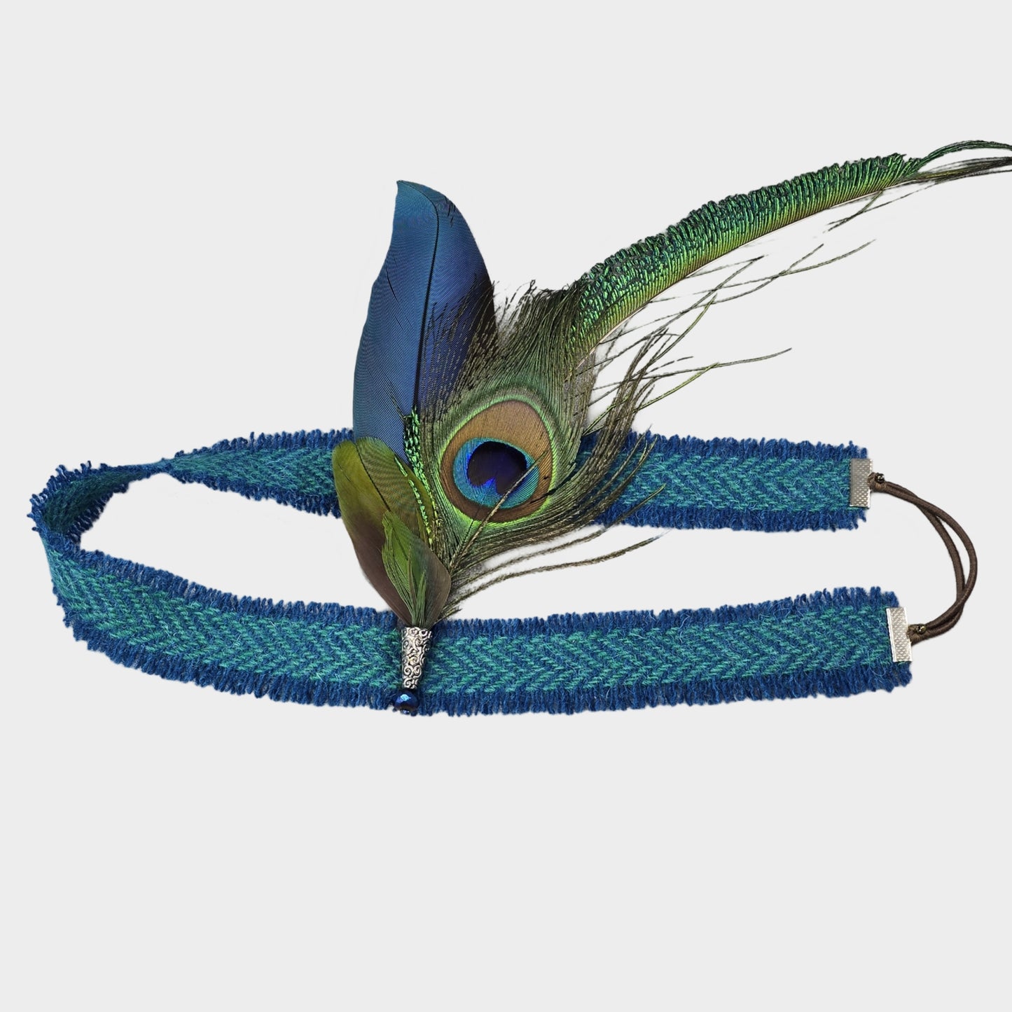 Harris Tweed hat band with peacock and Macaw feathers