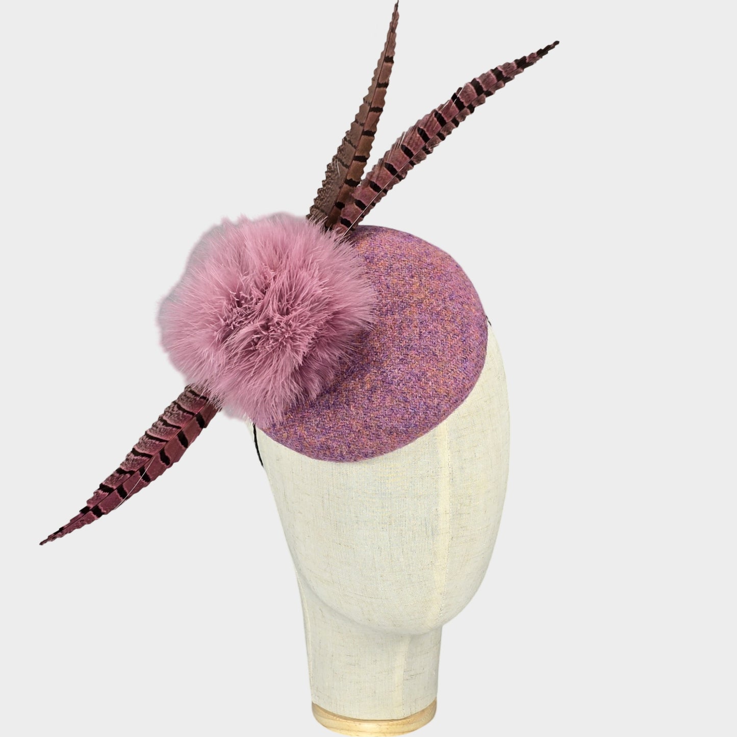 Harris Tweed pillbox hat with marabou feather pom-pom