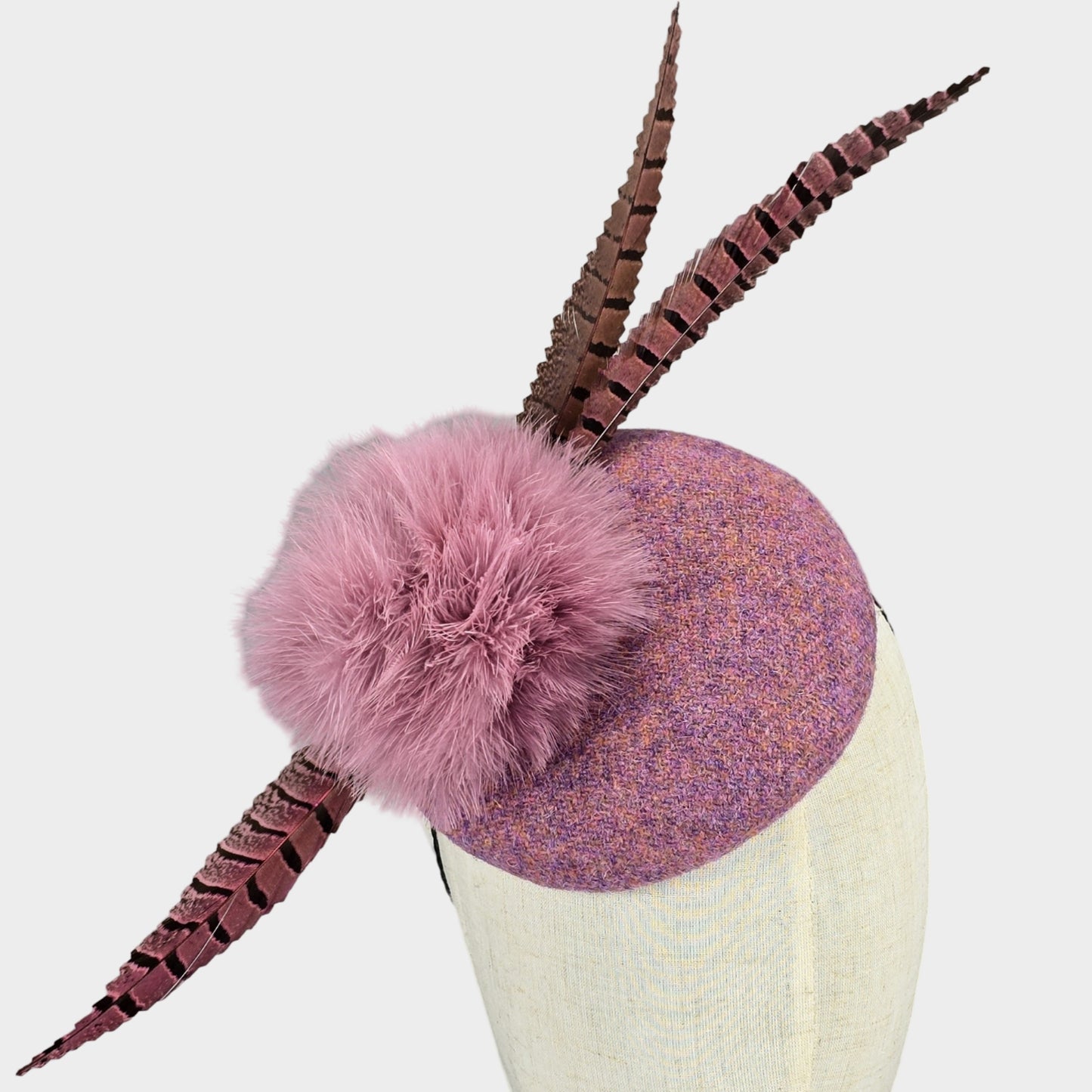 Harris Tweed pillbox hat with marabou feather pom-pom