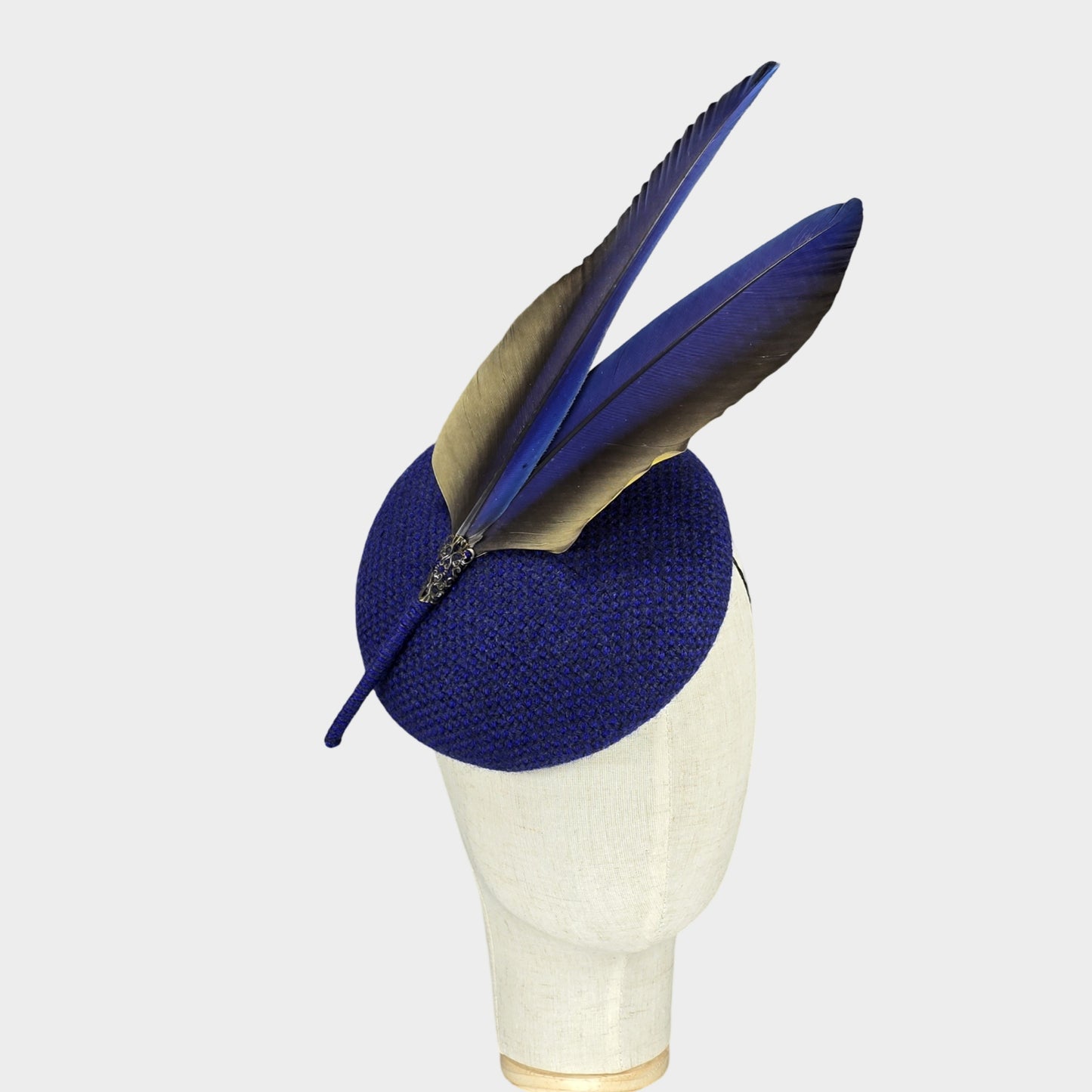 Dark blue pillbox hat with Macaw feathers
