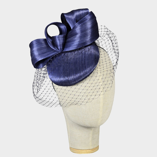 Blue abaca silk pillbox hat with veil