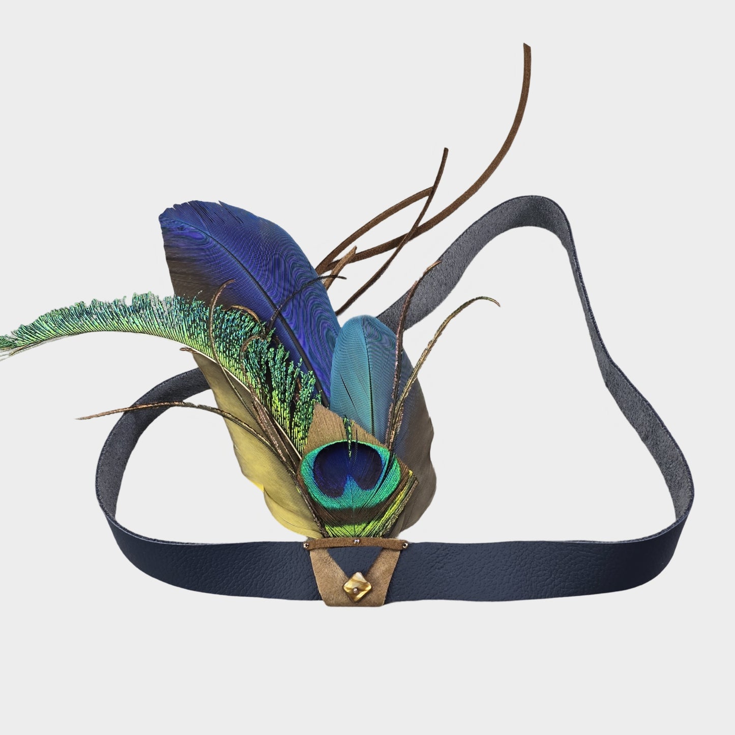 Genuine leather hat band with peacock and parrot feathers
