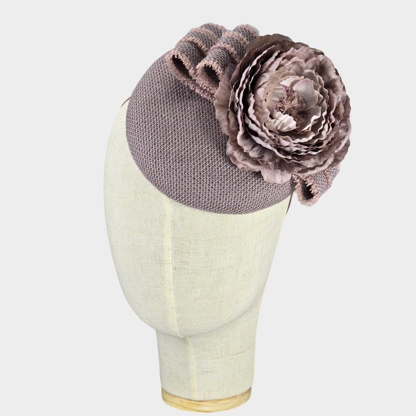 Mauve and old rose pillbox hat with flower