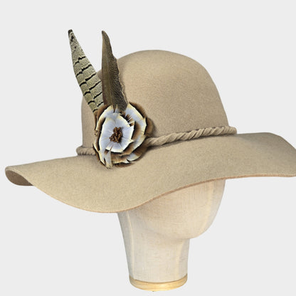 Feather flower brooch, hat adornment