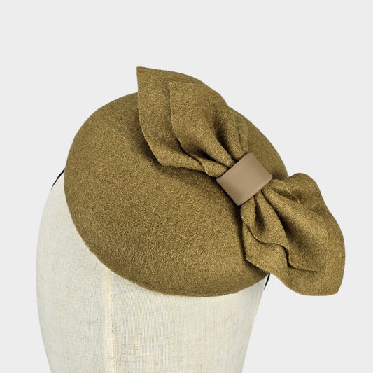 Olive green felt pillbox hat with bow