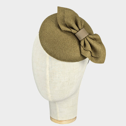 Olive green felt button shaped hat with bow