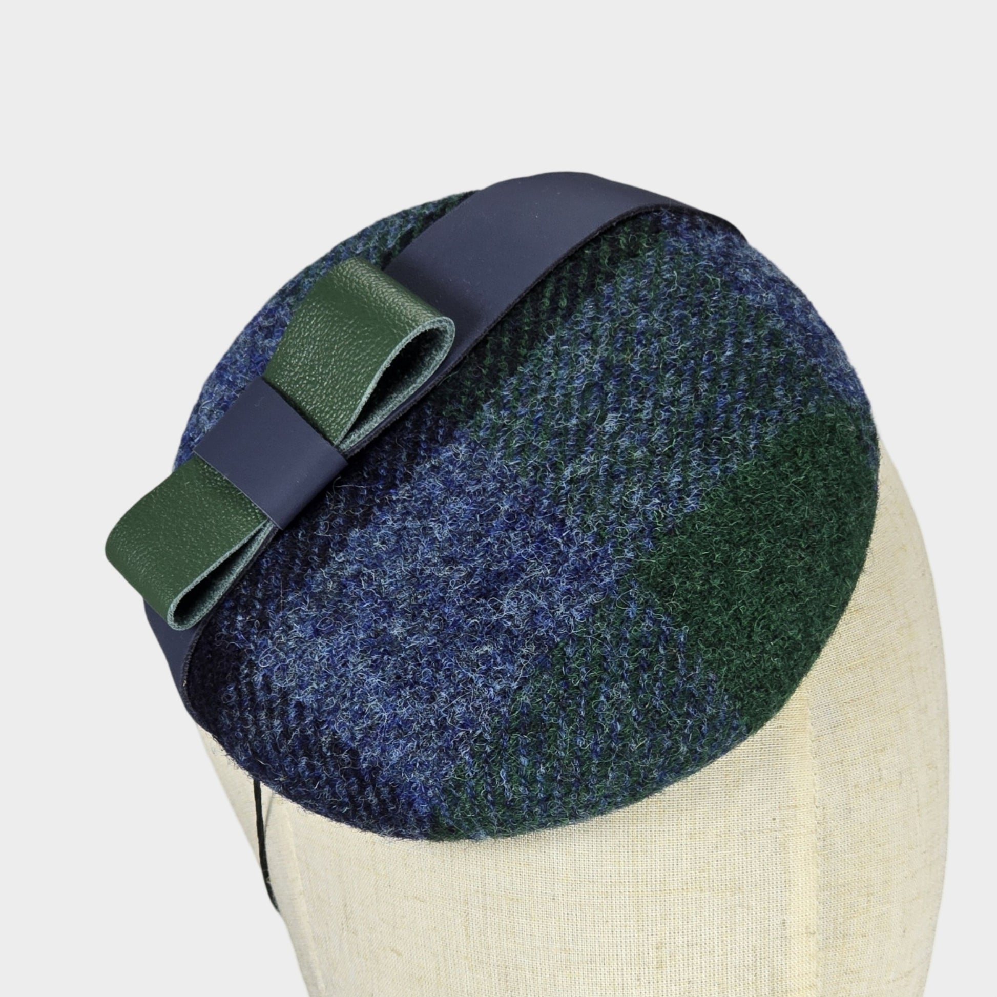 Harris Tweed pillbox hat with leather bow