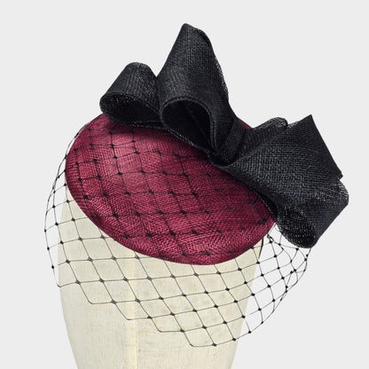 Burgundy and black sinamay pillbox hat with veil