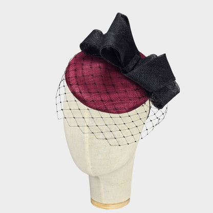 Burgundy and black sinamay pillbox hat with veil