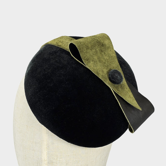 Dark green velvet pillbox hat with leather bow