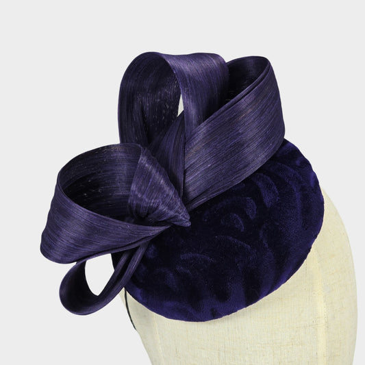 Dark blue velvet pillbox hat with abaca silk bow
