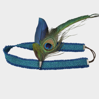 Harris Tweed hat band with peacock and Macaw feathers