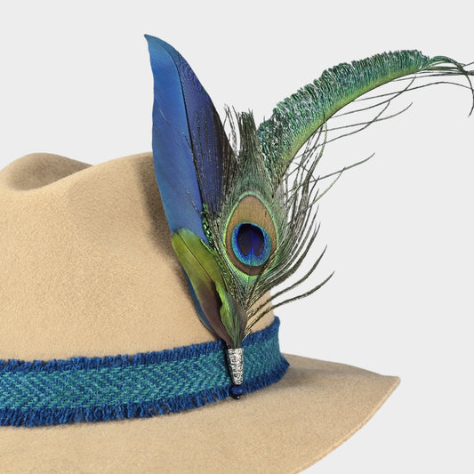 Harris Tweed hat band with peacock and Macaw feathers