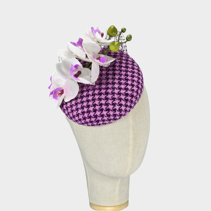 pink and purple pillbox fascinator with orchid flowers