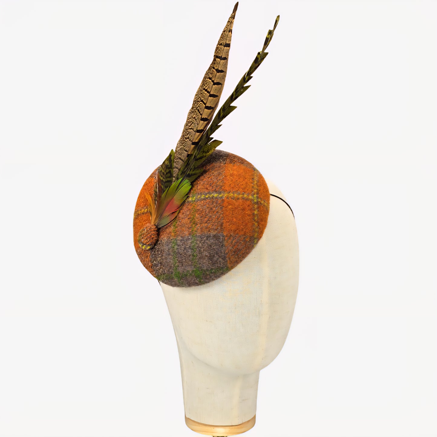 Harris tweed pillbox hat with feathers 