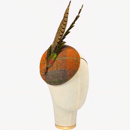 Harris tweed pillbox hat with feathers 