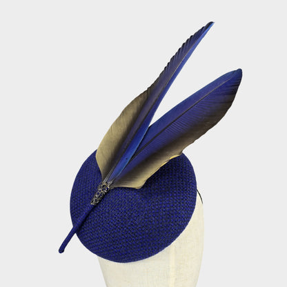 Midnight blue pillbox hat with Macaw feathers