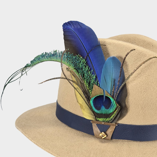 Genuine leather hat band with peacock and parrot feathers