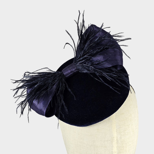 Navy velvet pillbox hat with ostrich feathers bow