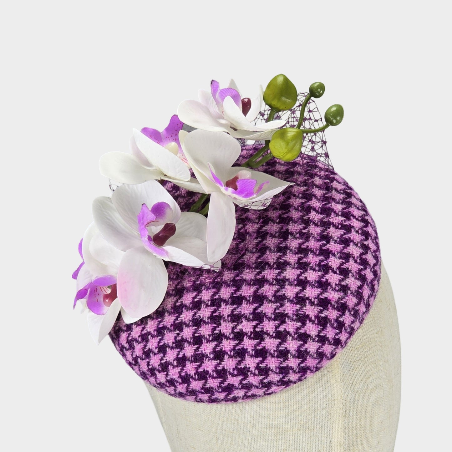 Harris Tweed pillbox fascinator with orchid flowers