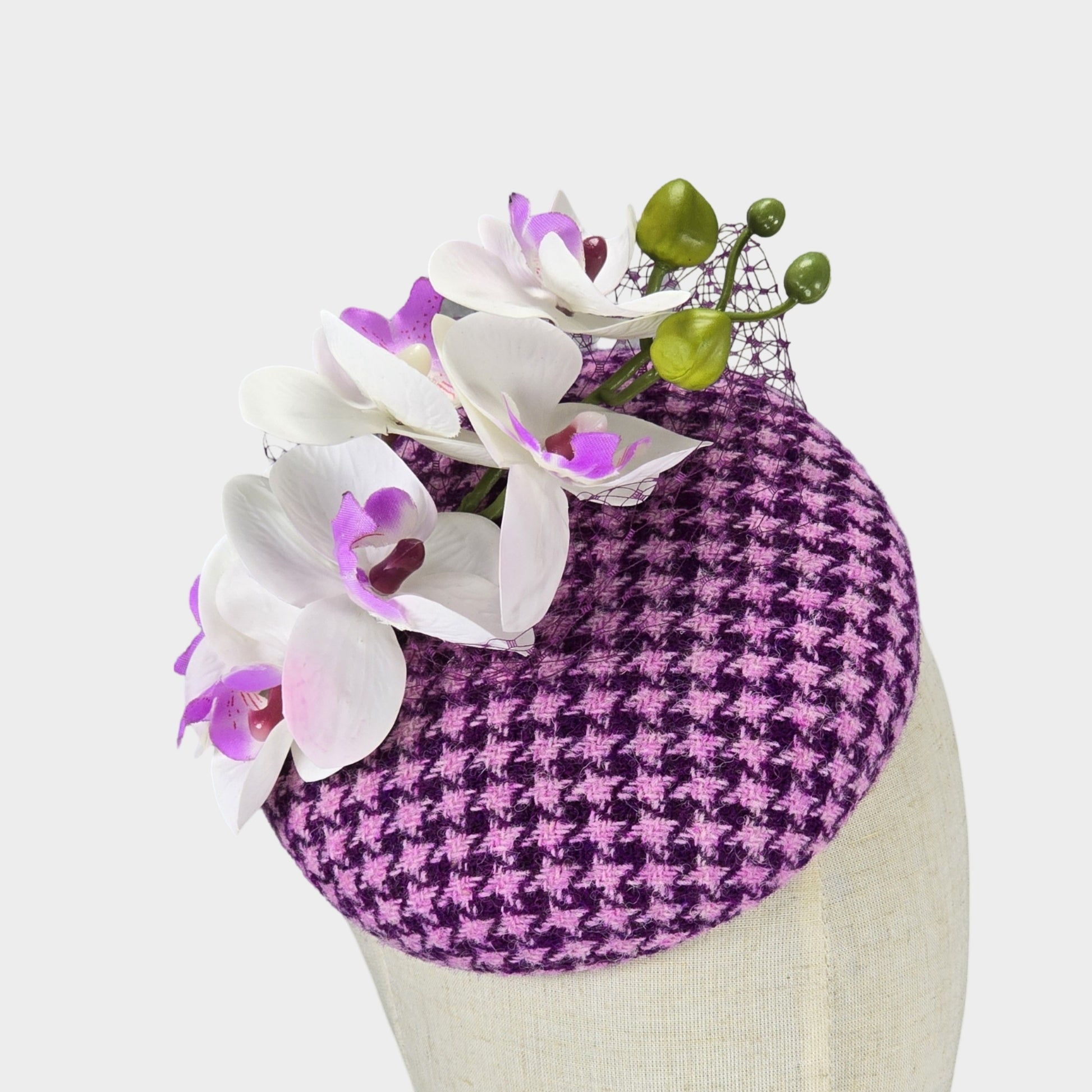 Harris Tweed pillbox fascinator with orchid flowers