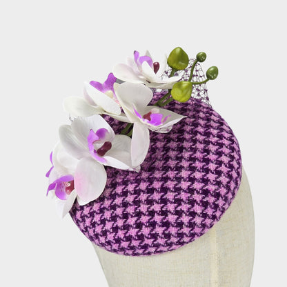 Harris Tweed pillbox fascinator with orchid flowers
