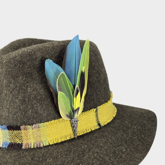 Hat adornment with parrot feathers