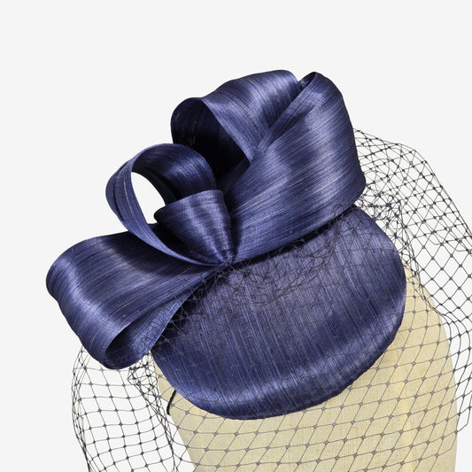 Blue abaca silk pillbox hat with veil